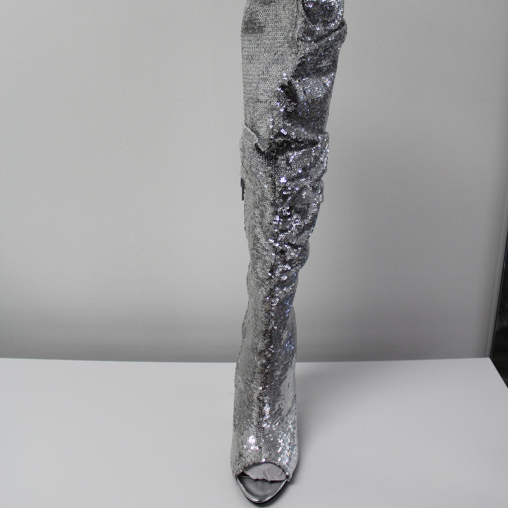 Womens Silver Sequins Over The Knee Slouchy Boots - Picture 3 of 8